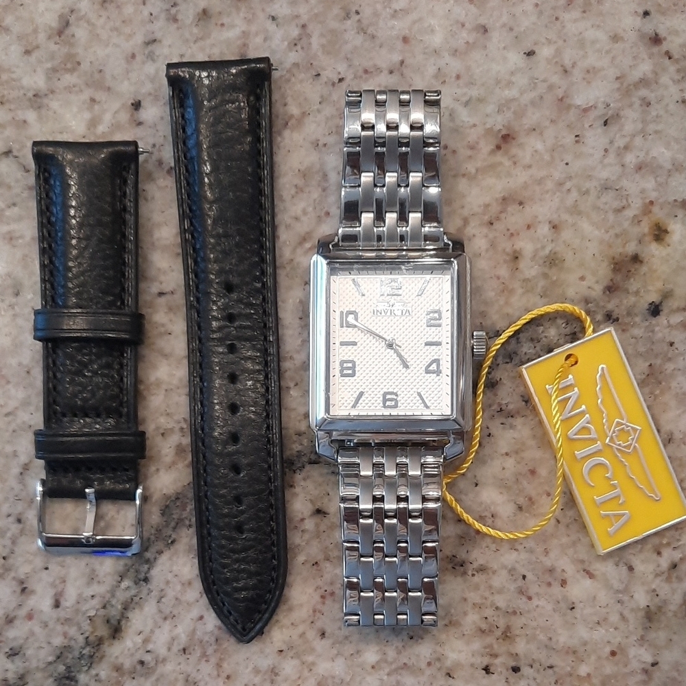Invicta Silver Watch with Black Leather Strap